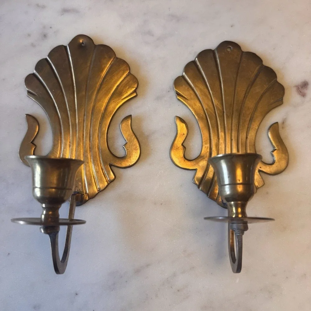 Pair Of Vintage Solid Brass Scalloped Shell Wall Sconce Candle Holders